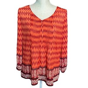 2X HP! Lucky Brand Sheer Coral Boho Long Sleeve Blouse